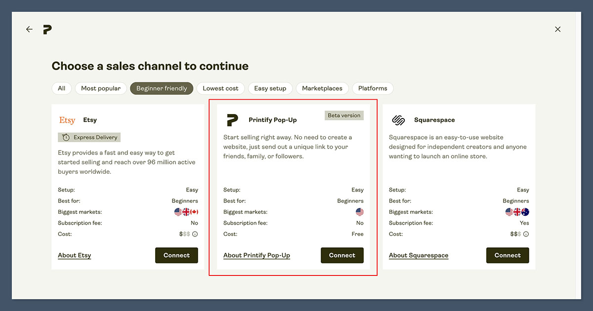 Choose Printify Pop Up