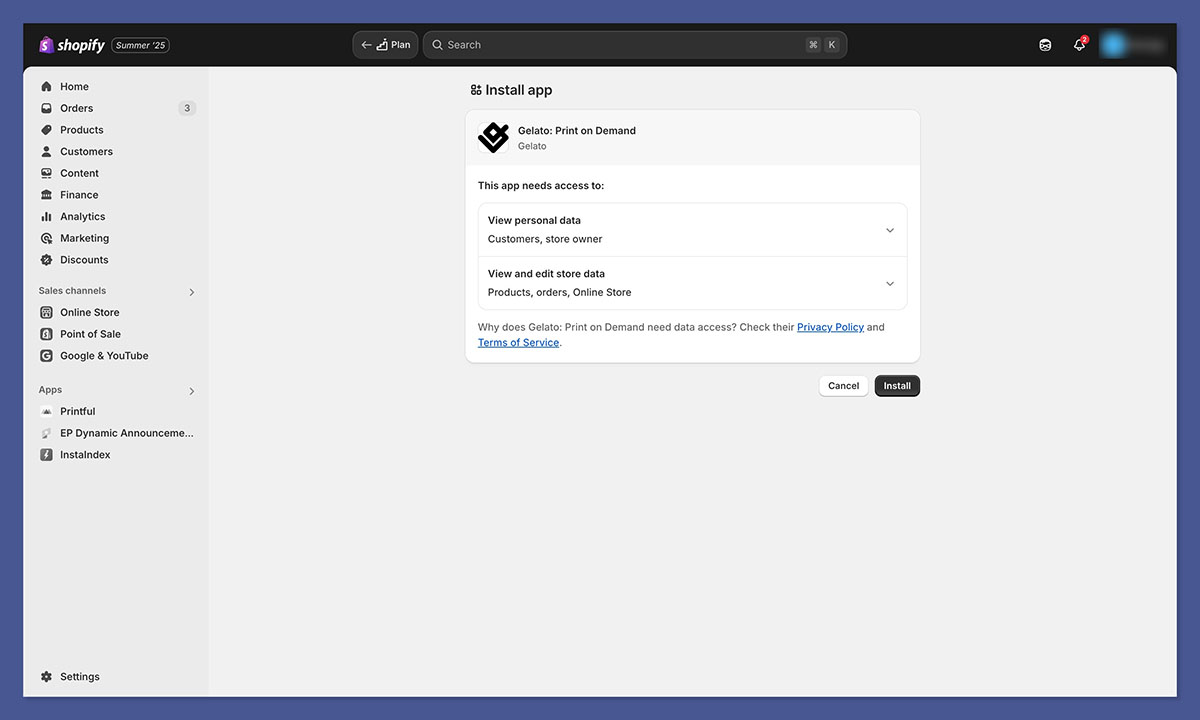 gelato install shopify app