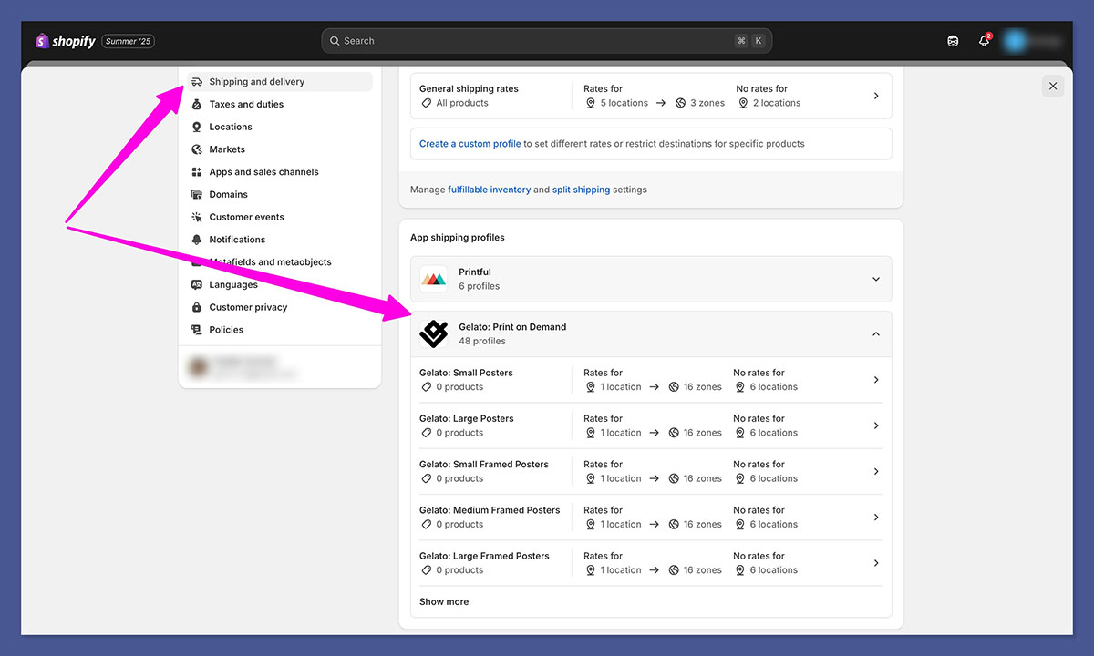 gelato shipping setting in shopify
