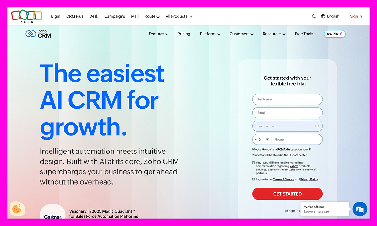 zoho crm homepage