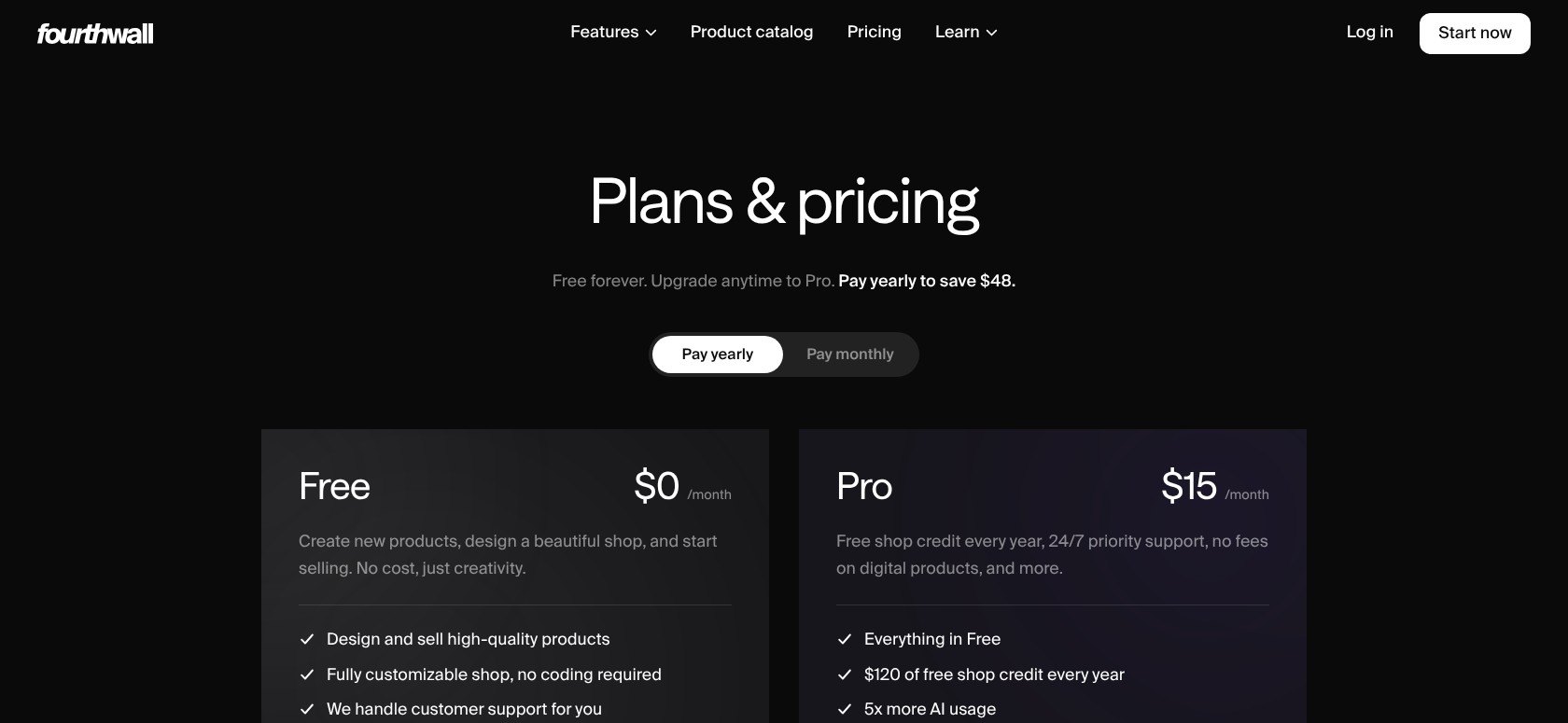 fourthwall free and pro pricing plans