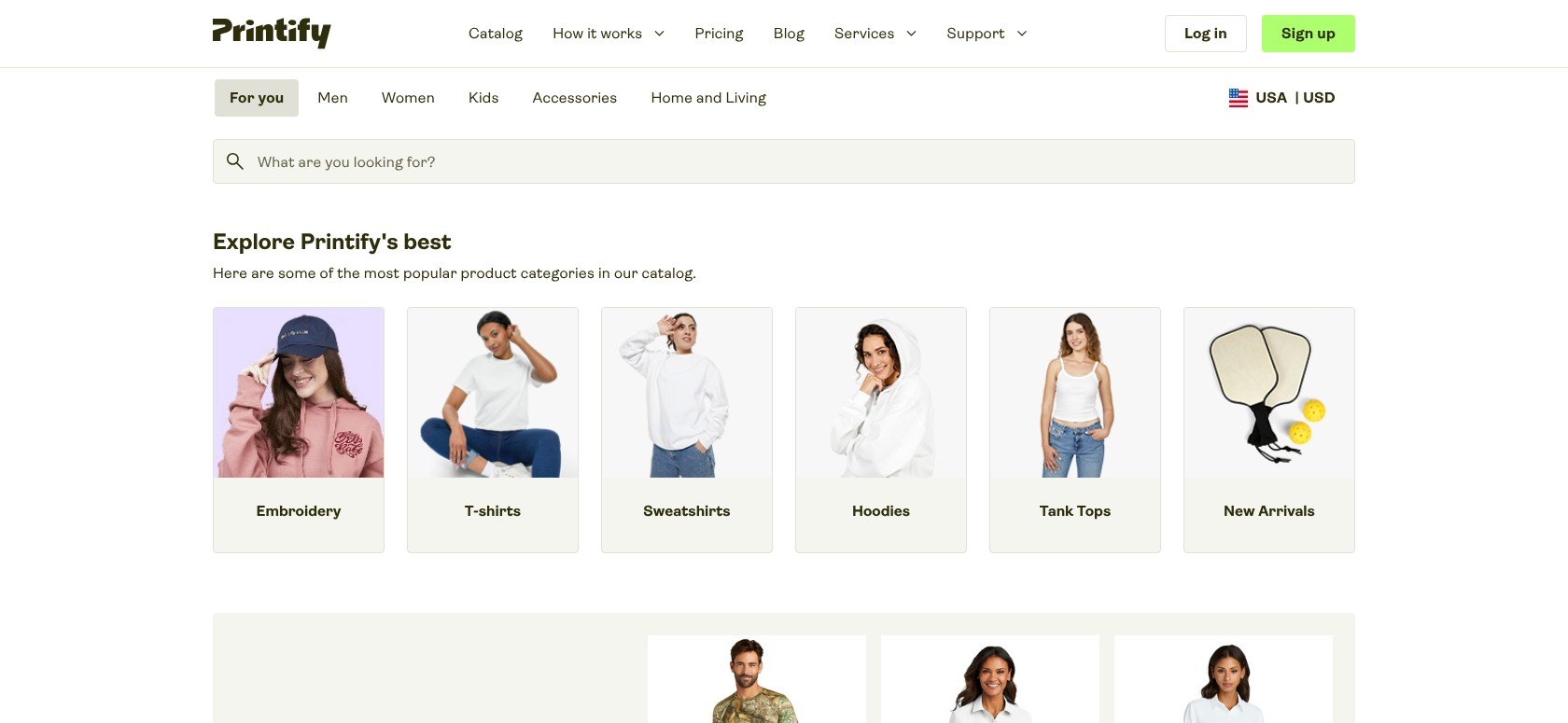 Printify product catalog with embroidery, t-shirt and hoodie categories