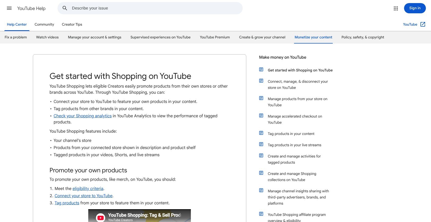 youtube help page for getting started with shopping on youtube